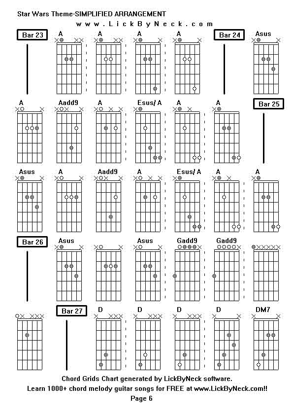 Chord Grids Chart of chord melody fingerstyle guitar song-Star Wars Theme-SIMPLIFIED ARRANGEMENT,generated by LickByNeck software.